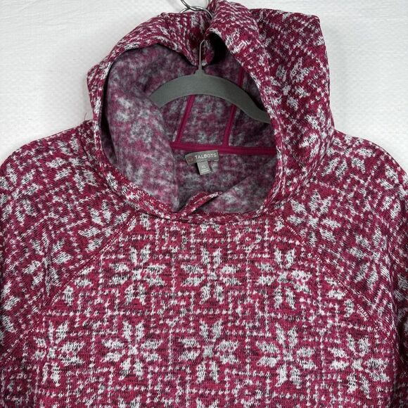 Talbots Hoodie Sweatshirt Womens XL‎ Pink White Fair Isle Fleece Pullover Cozy - Picture 2 of 11